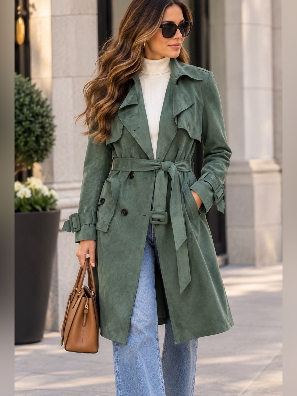 Elie Tahari Green Faux Suede Trench Coat Belted Women’s